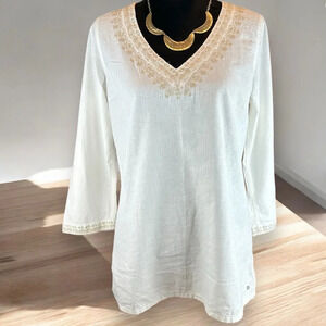 Eddie Bauer Ivory V Neck Embroidered Tunic 3/4 Sleeve Linen Rayon Womens  M Boho